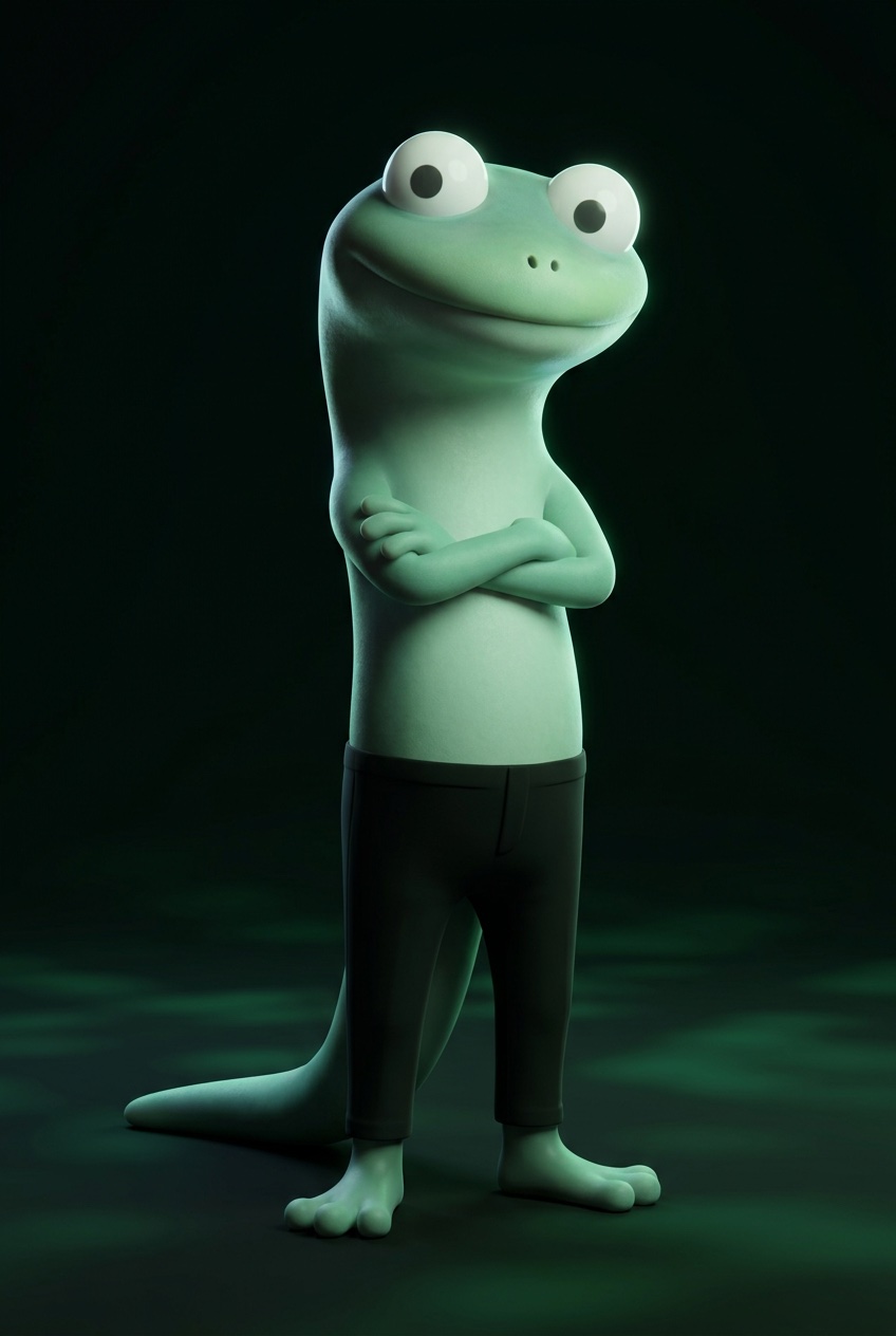 Lozio the gecko, arms crossed, lit like a sculpture on a dark green stage